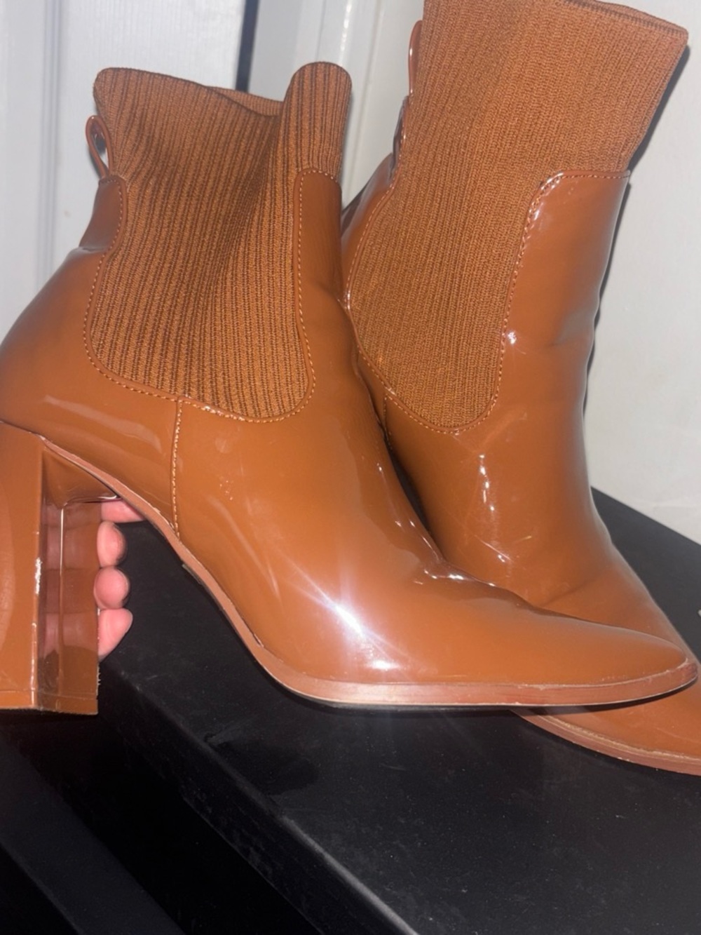 Steve Madden Cognac Patent Sock Booties with Block Heel